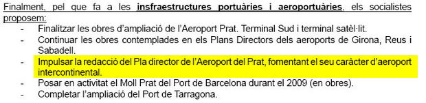 Propostes del PSC en matèria d'aeroports a les eleccions general del 9 de març de 2008 on s'hi inclou la redacció d'un nou pla director a l'aeroport del Prat